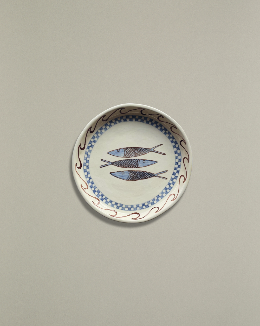 Hand-built Sardine Plate - Checkered Blue Pesce